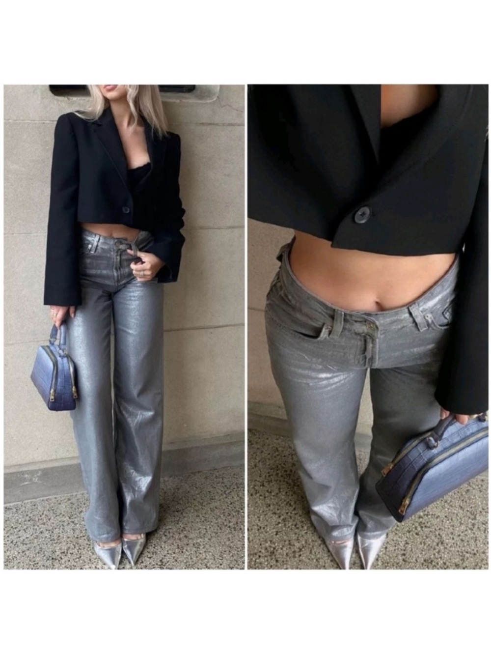 NEW! Blogger’s Favorite Zara Boho Metallic Wide Leg Jeans in Light Silver. 4. - Picture 10 of 16